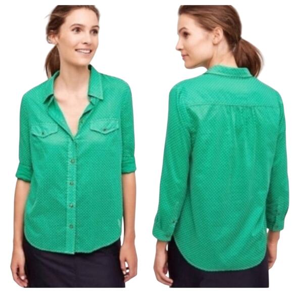Anthropologie Maeve Patea 100% Cotton Kelly Green Lightweight Button Shirt 2 - Picture 5 of 11